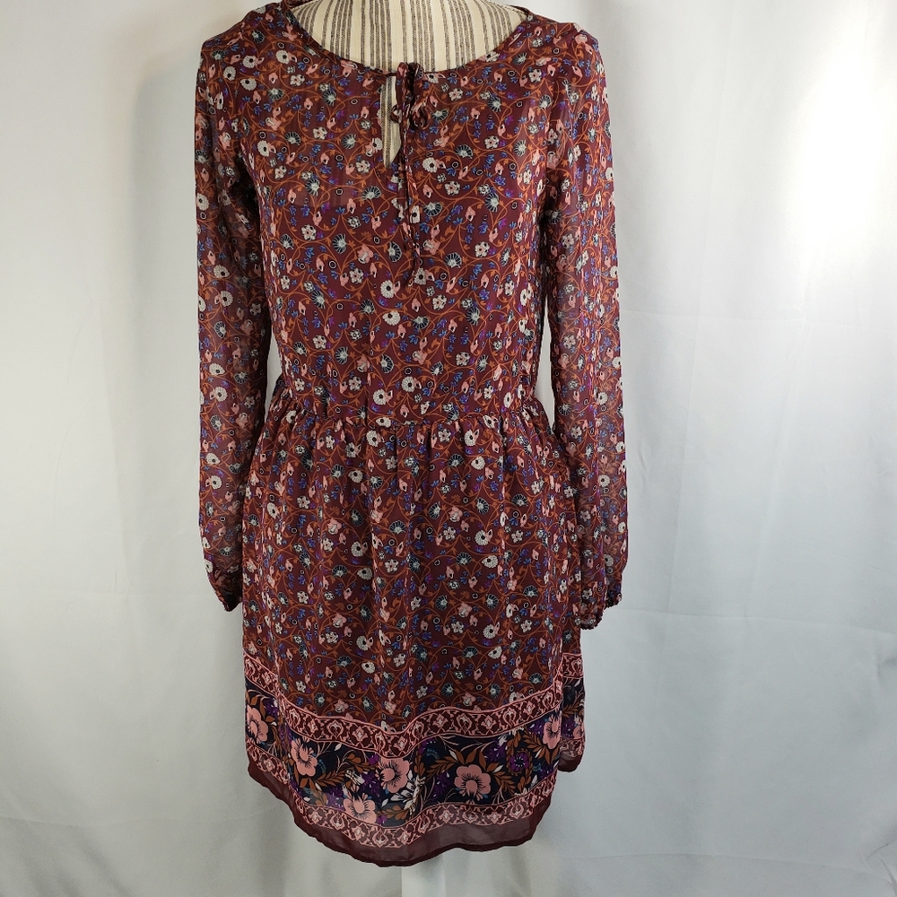 Mudd Mahogany and Multicolored Floral Print Long Sleeve Dress Size Small